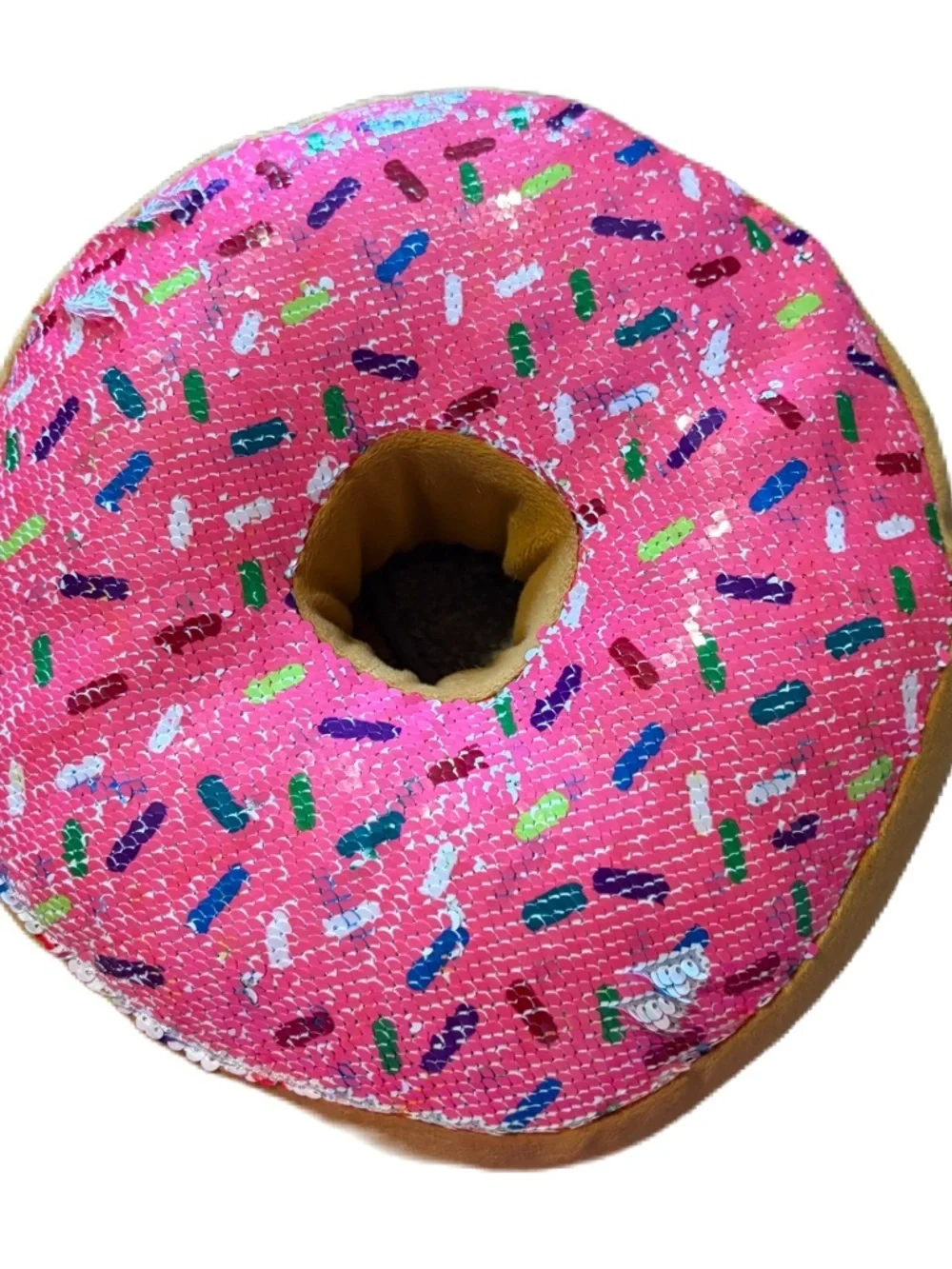 Sequin Pink Donut Throw Pillow with Colorful Sprinkles
